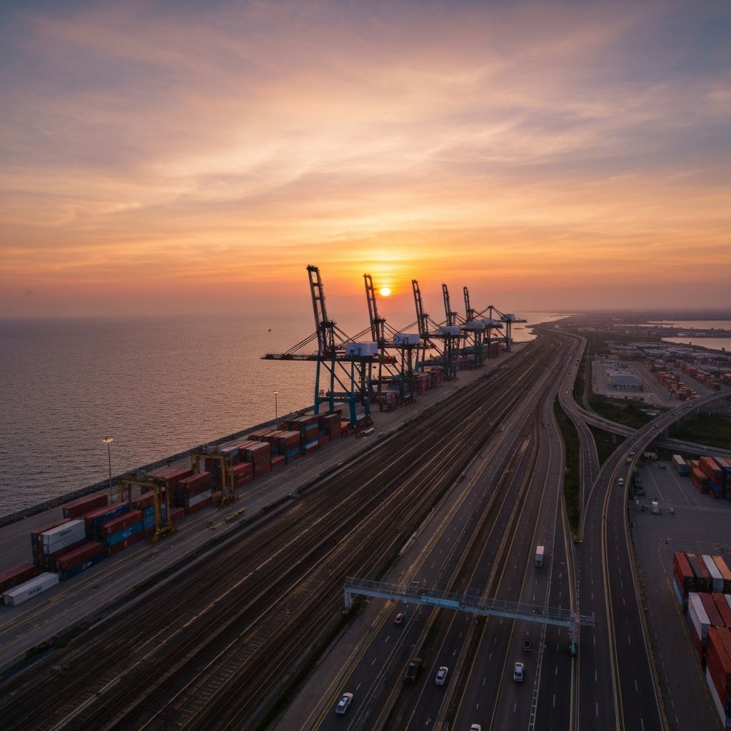 Aerial view of a busy container port at dusk with ships and cranes